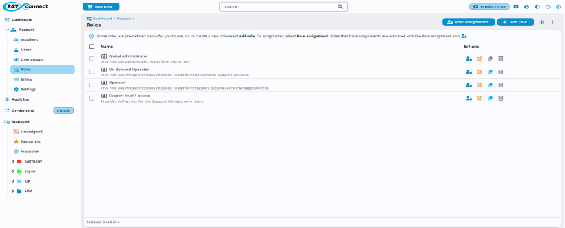 Web Portal with Account > Roles selected. It lists four roles: Global Administrator, On-demand Operator, Operator, and Support level 1 access. Each role has a brief description. The Actions column includes icons for role assignment, editing, and deleting. At the top right are two buttons: Role assignment and Add role.